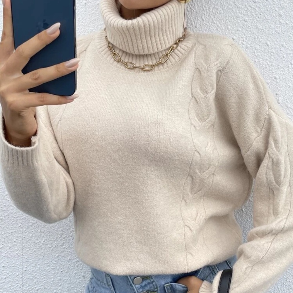 Turtleneck cable knit sweater cream preppy - Picture 1 of 2